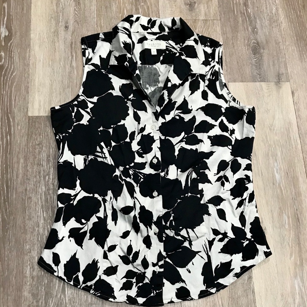 Talbots Black White Collared Sleeveless Button Top